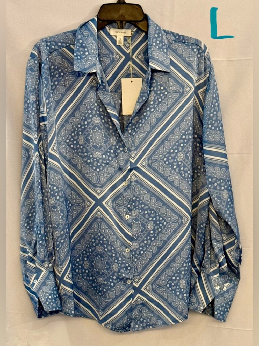 Women's Blue Paisley Bandana Print Button-Down Shirt